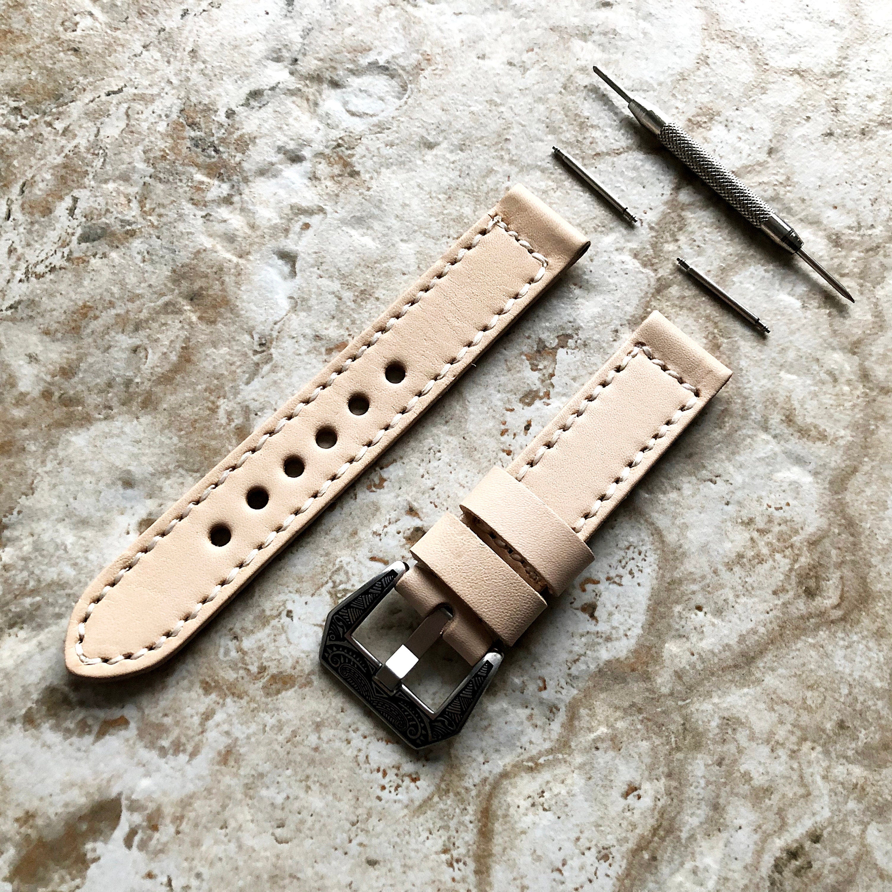 New 18mm 19mm 20mm 21mm 22mm 23mm 24mm 25mm Veggie Tanned Leather Fully Stitched Watch Band Strap Natural Color Soft Comfort - Pins and Tool